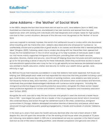 Jane Addams – the ‘Mother’ of Social Work