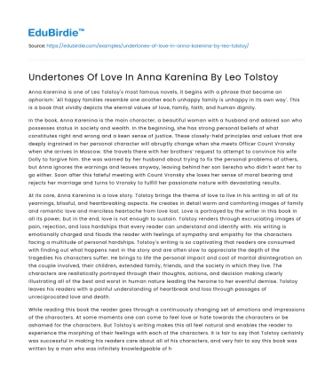 Undertones Of Love In Anna Karenina By Leo Tolstoy