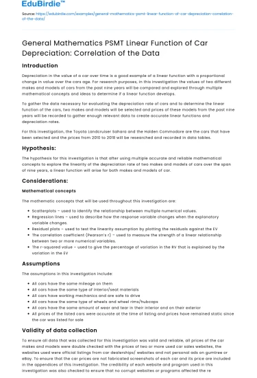 Mathematical study of car depreciation: Linear function correlation