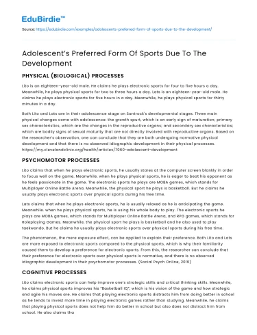 Adolescent’s Preferred Form Of Sports Due To The Development