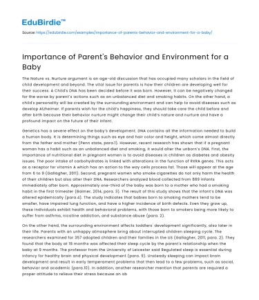 Importance of Parent’s Behavior and Environment for a Baby