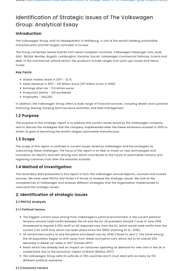 Identification of Strategic Issues of The Volkswagen Group