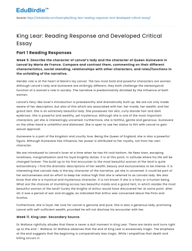 King Lear: Reading Response and Developed Critical Essay