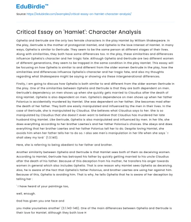 Critical Essay on ‘Hamlet’: Character Analysis