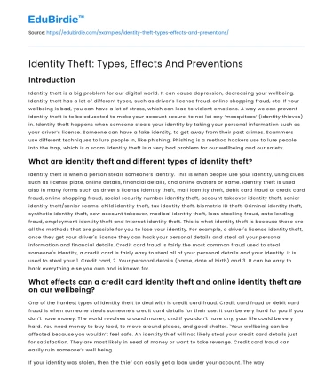 Identity Theft: Types, Effects And Preventions