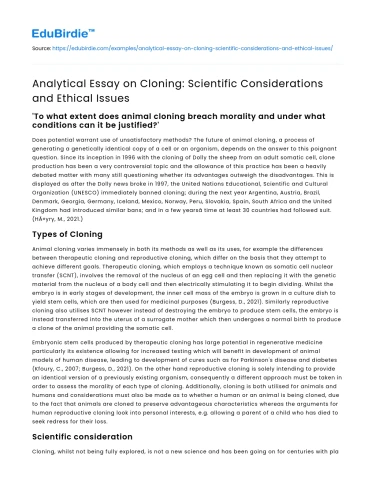 Cloning: Scientific Considerations and Ethical Issues