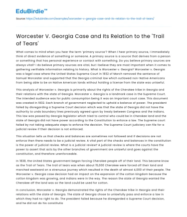 Worcester V. Georgia Case and Its Relation to the ‘Trail of Tears’