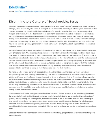Discriminatory Culture of Saudi Arabia: Essay