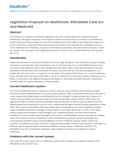 Legislation Proposal on Healthcare: Affordable Care Act and Medicaid