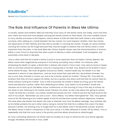 The Role And Influence Of Parents In Bless Me Ultima