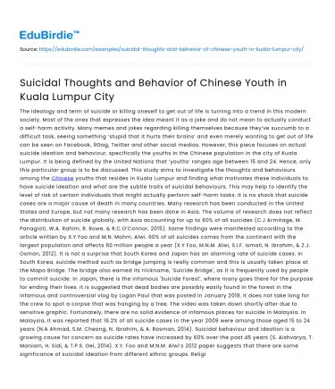Suicidal Thoughts and Behavior of Chinese Youth in Kuala Lumpur City