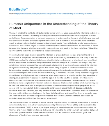 Human’s Uniqueness in the Understanding of the Theory of Mind