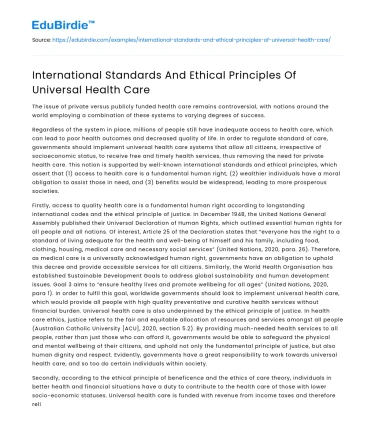 International Standards And Ethical Principles Of Universal Health Care