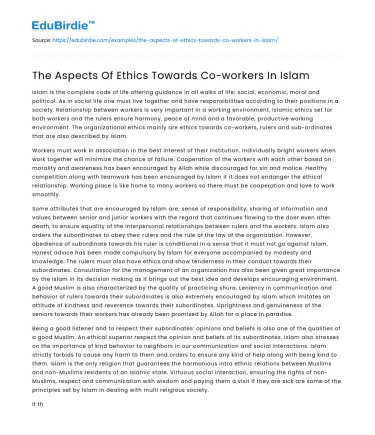 The Aspects Of Ethics Towards Co-workers In Islam