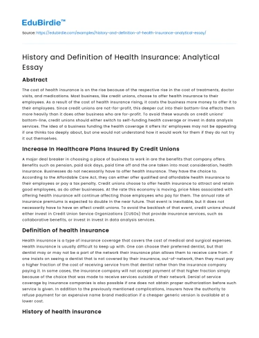 History and Definition of Health Insurance: Analytical Essay