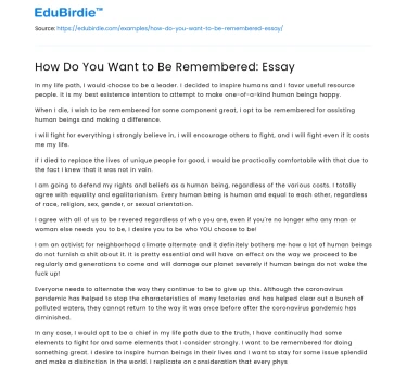 How Do You Want to Be Remembered: Essay
