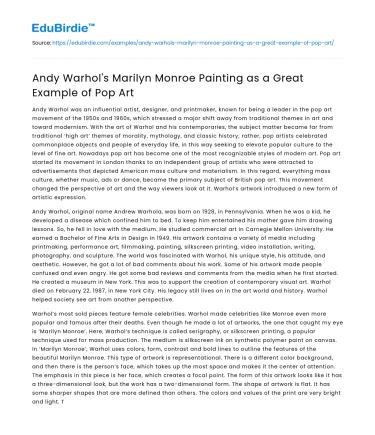 Andy Warhol’s Marilyn Monroe Painting as a Great Example of Pop Art