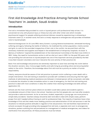 Female School Teachers’ First Aid Knowledge in Jeddah, Saudi Arabia
