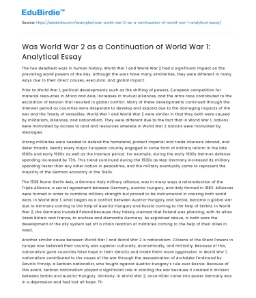 Was World War 2 as a Continuation of World War 1: Analytical Essay