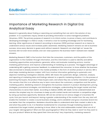 Importance of Marketing Research in Digital Era: Analytical Essay