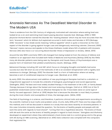 Anorexia Nervosa As The Deadliest Mental Disorder In The Modern USA