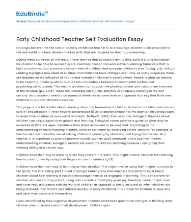 Early Childhood Teacher Self Evaluation Essay