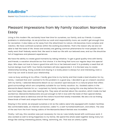 Pleasant Impressions from My Family Vacation: Narrative Essay