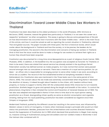 Discrimination Toward Lower Middle Class Sex Workers In Thailand