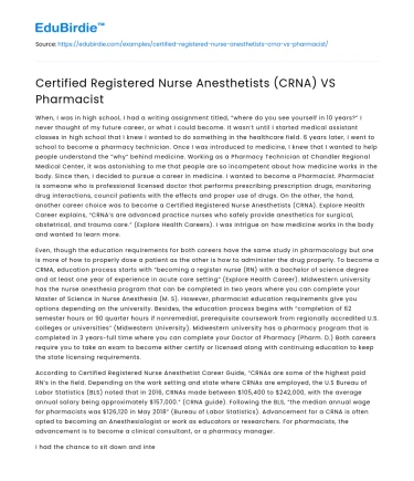 Certified Registered Nurse Anesthetists (CRNA) VS Pharmacist