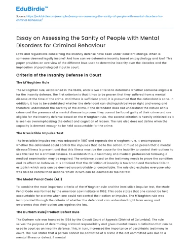 Assessing Sanity in People with Mental Disorders for Criminal Behavior