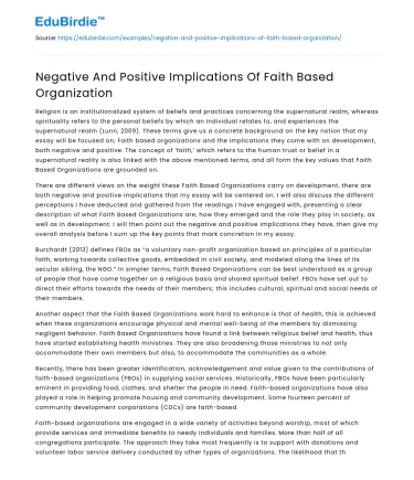 Negative And Positive Implications Of Faith Based Organization