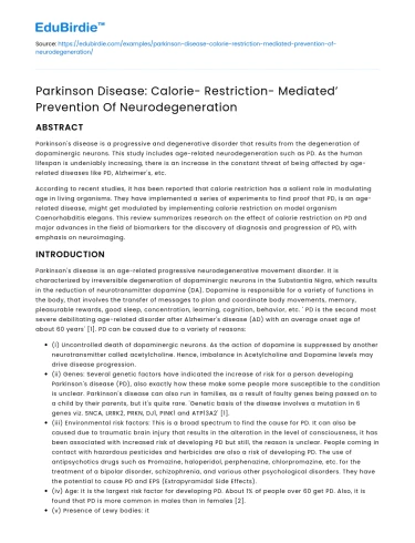 Parkinson Disease Prevention: Calorie Restriction