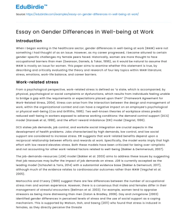 Essay on Gender Differences in Well-being at Work