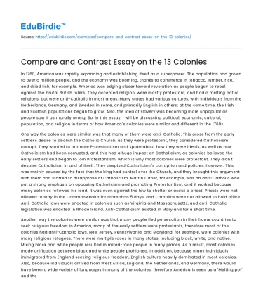 Compare and Contrast Essay on the 13 Colonies