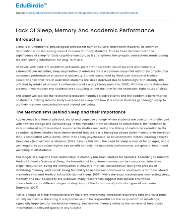 Lack Of Sleep, Memory And Academic Performance