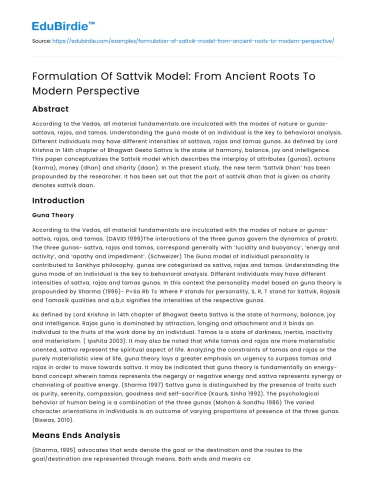 Formulation Of Sattvik Model: From Ancient Roots To Modern Perspective
