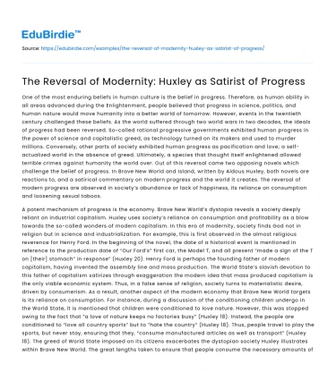 The Reversal of Modernity: Huxley as Satirist of Progress