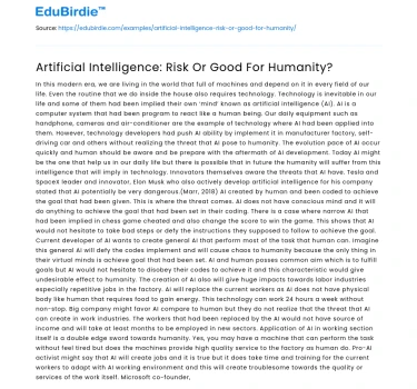 Artificial Intelligence: Risk Or Good For Humanity?