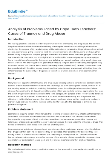 Cape Town Teachers’ Issues: Truancy and Drug Abuse