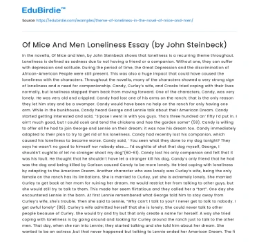Of Mice And Men Loneliness Essay (by John Steinbeck)