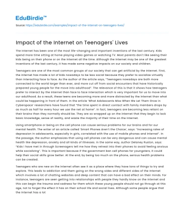 Impact of the Internet on Teenagers’ Lives