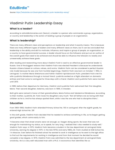 Vladimir Putin: An Analysis of Leadership Dynamics