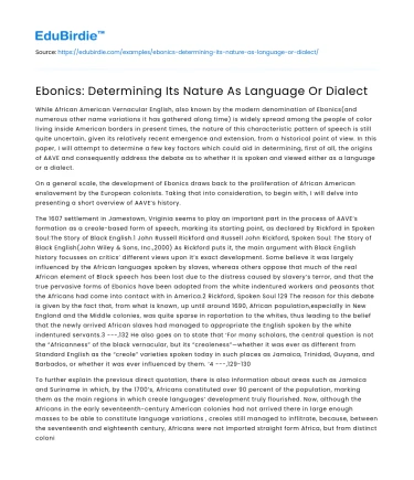 Ebonics: Determining Its Nature As Language Or Dialect