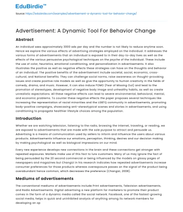 Advertisement: A Dynamic Tool For Behavior Change