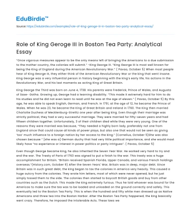 Role of King Geroge III in Boston Tea Party: Analytical Essay