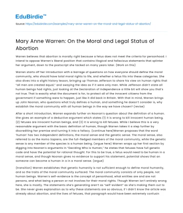 Mary Anne Warren: On the Moral and Legal Status of Abortion