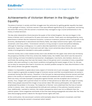Achievements of Victorian Women in the Struggle for Equality