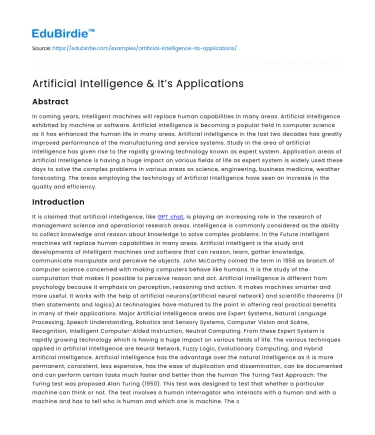 Artificial Intelligence & It’s Applications