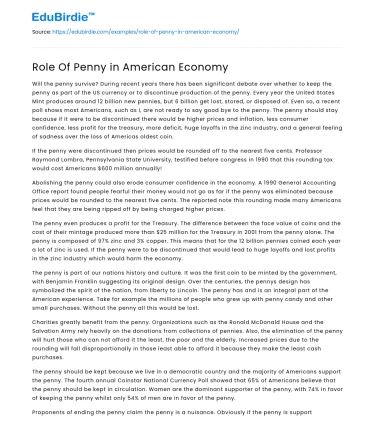 Role Of Penny in American Economy
