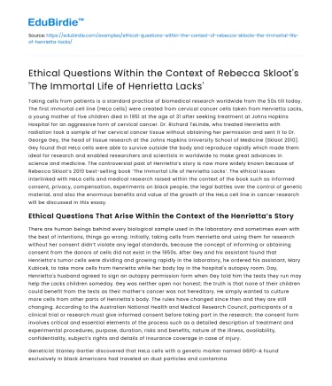 Ethical Questions in ‘The Immortal Life of Henrietta Lacks’